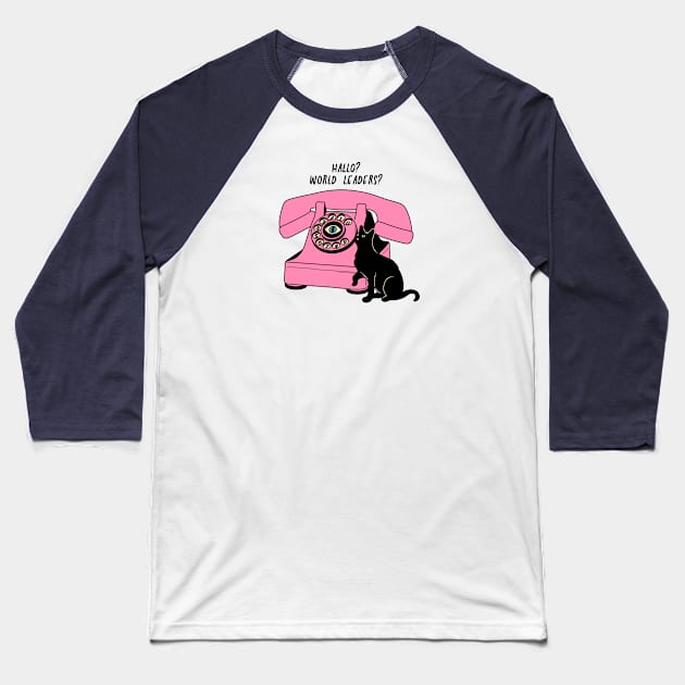 World Domination Black Cat in pink Baseball T-Shirt by The Charcoal Cat Co.